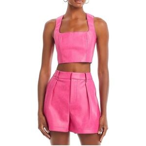 Hot Pink Sleeveless Crop Top and Shorts Set, faux leather